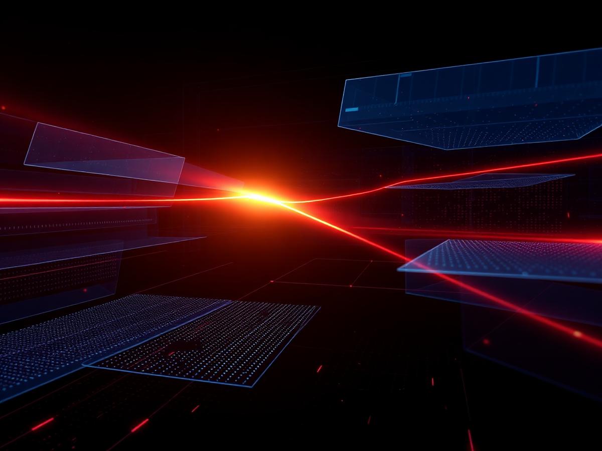 Layered translucent data planes converging into a glowing gold insight beam